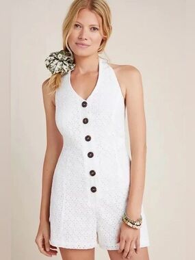 Bishop + Young White Eyelet Halter Romper Size Small 100% Cotton Button Front